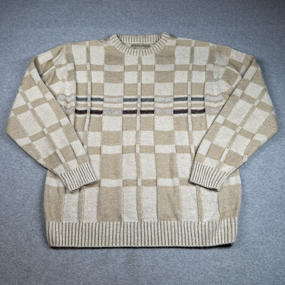 Munsingwear Vintage 90s Checker Knit Sweater Large Cream Beige Stripes